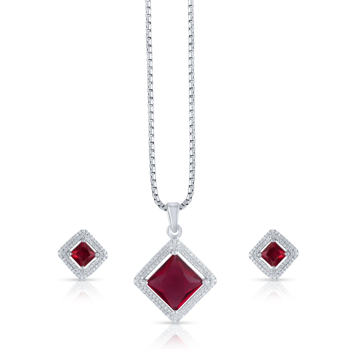 Silver pendant and earrings set with red zirconia stone