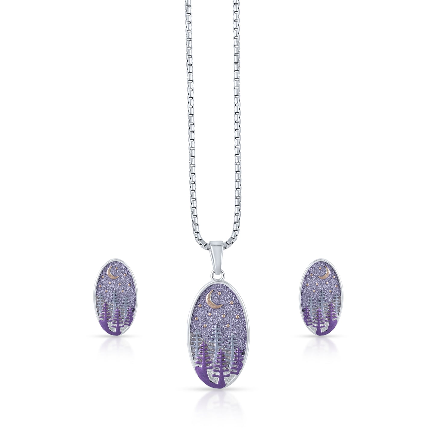 Purple pendant necklace with moon and tree design