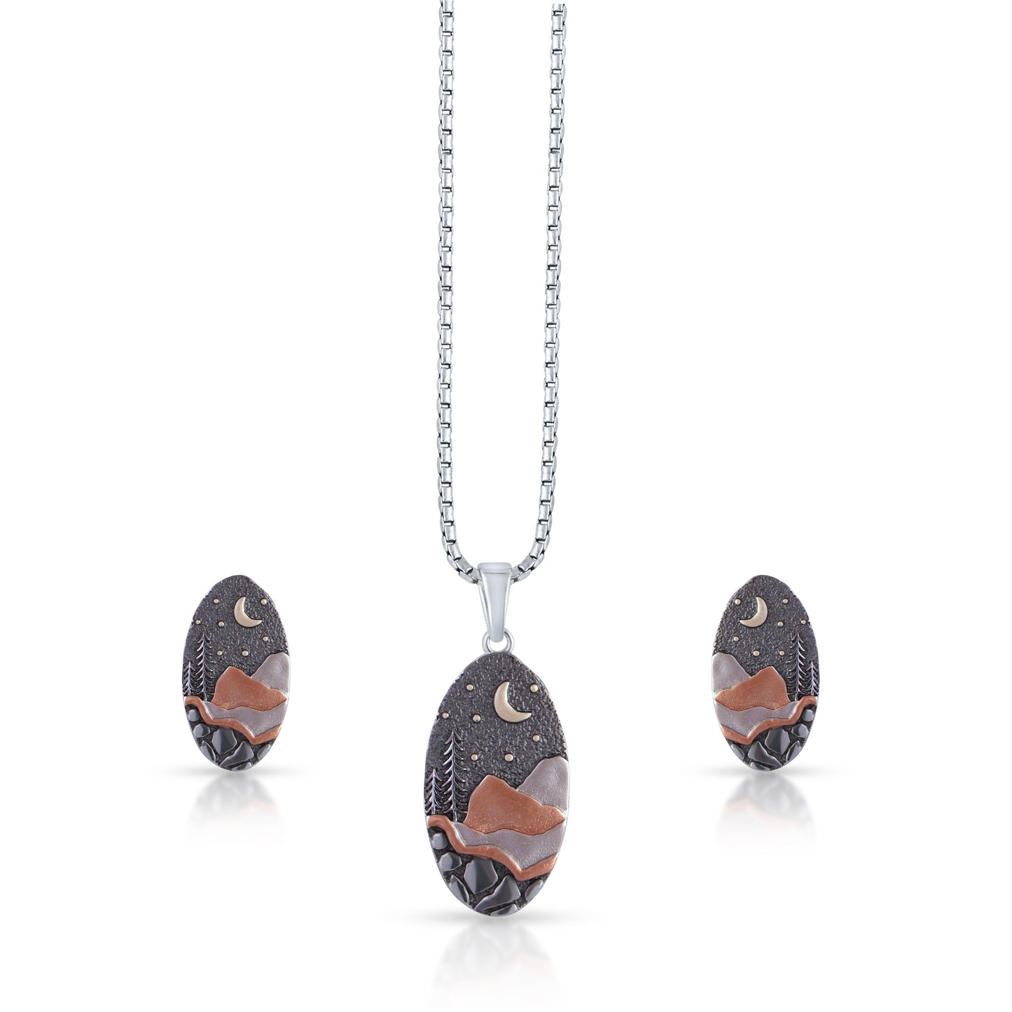 Brown pendant and earring set with moon and mountains design