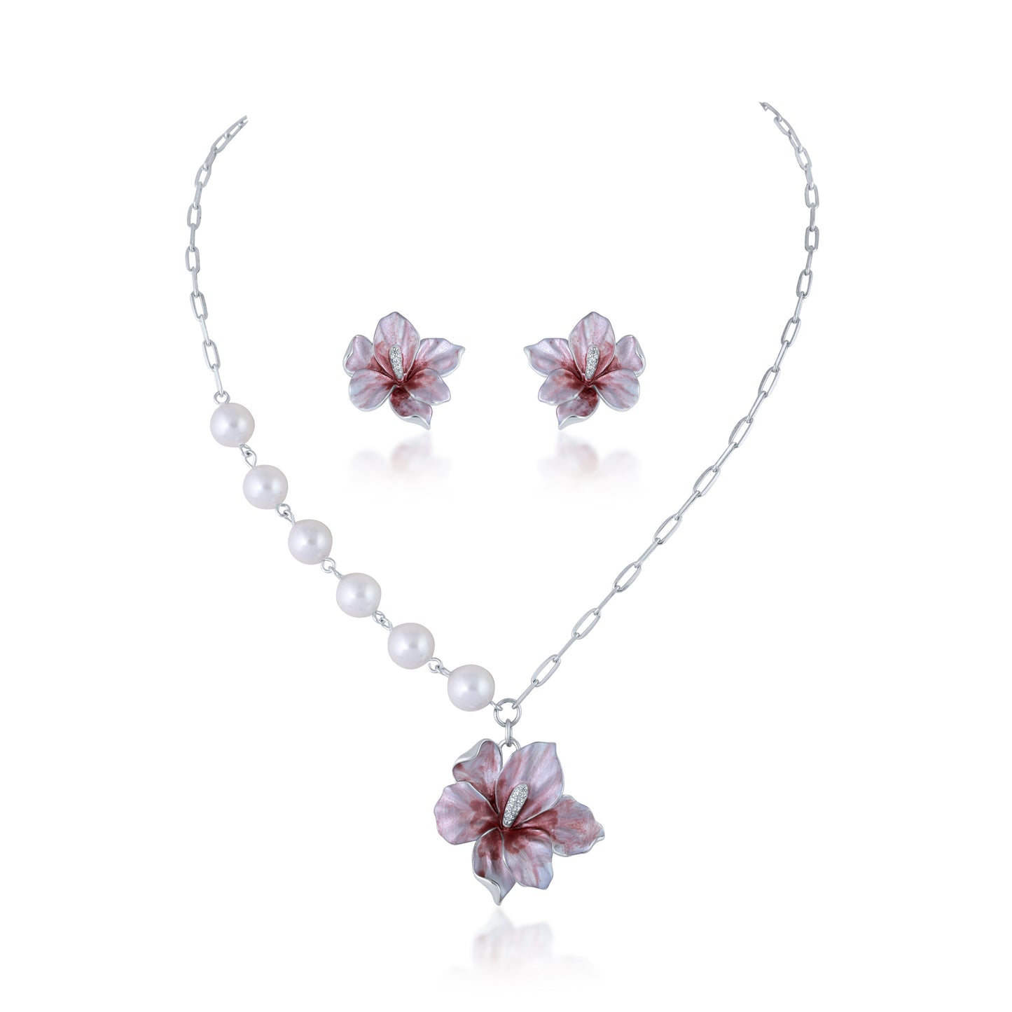 Pink Jewelry set with floral earrings and necklace with white pearls and flower