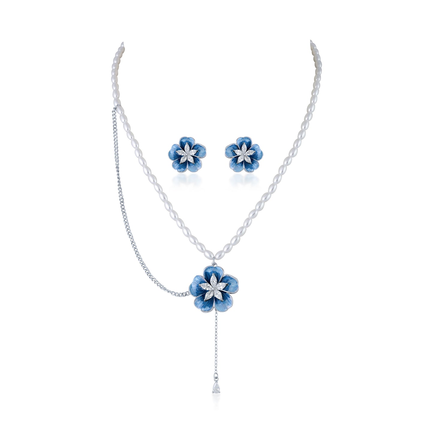 Jewelry set with Blue floral necklace with pearl and silver chain and earrings