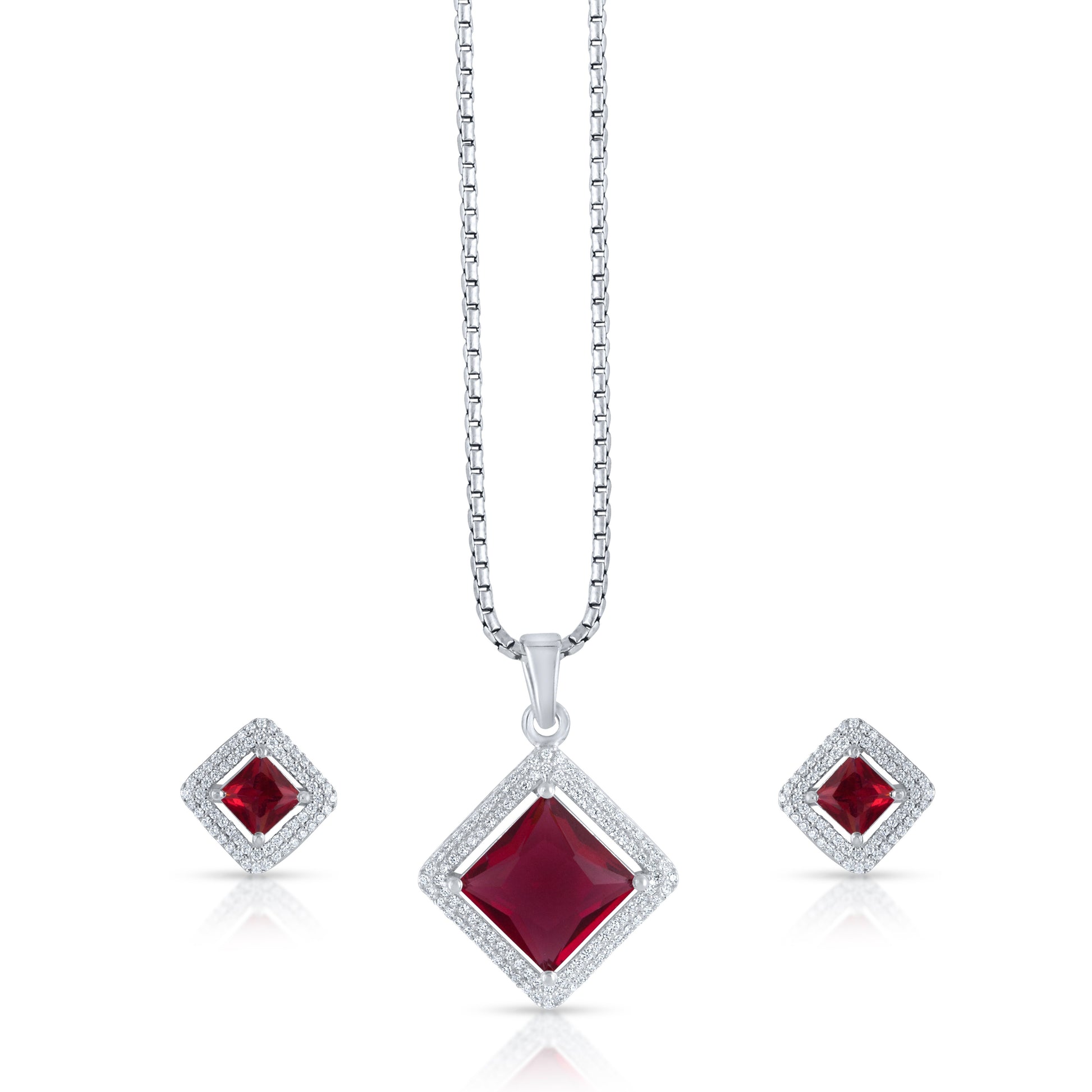 Silver pendant and earrings set with red zirconia stone