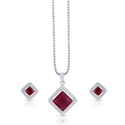Silver pendant and earrings set with red zirconia stone