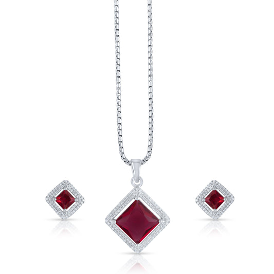Silver pendant and earrings set with red zirconia stone
