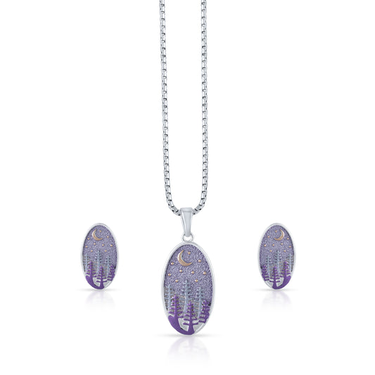 Purple pendant necklace with moon and tree design
