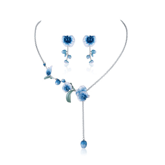 Blue sterling silver Floral necklace and earrings set 