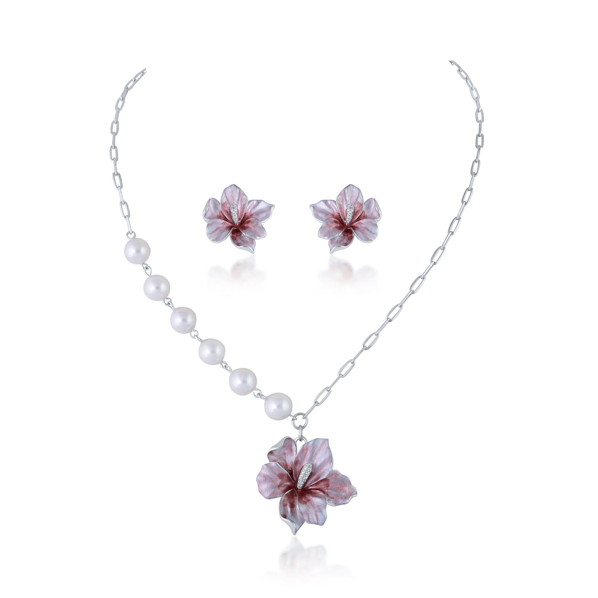 Pink Jewelry set with floral earrings and necklace with white pearls and flower