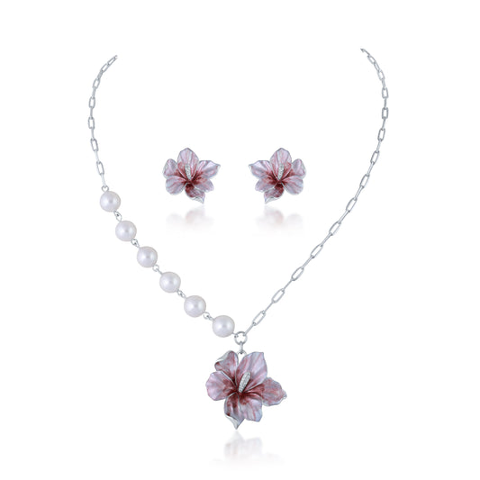 Pink Jewelry set with floral earrings and necklace with white pearls and flower
