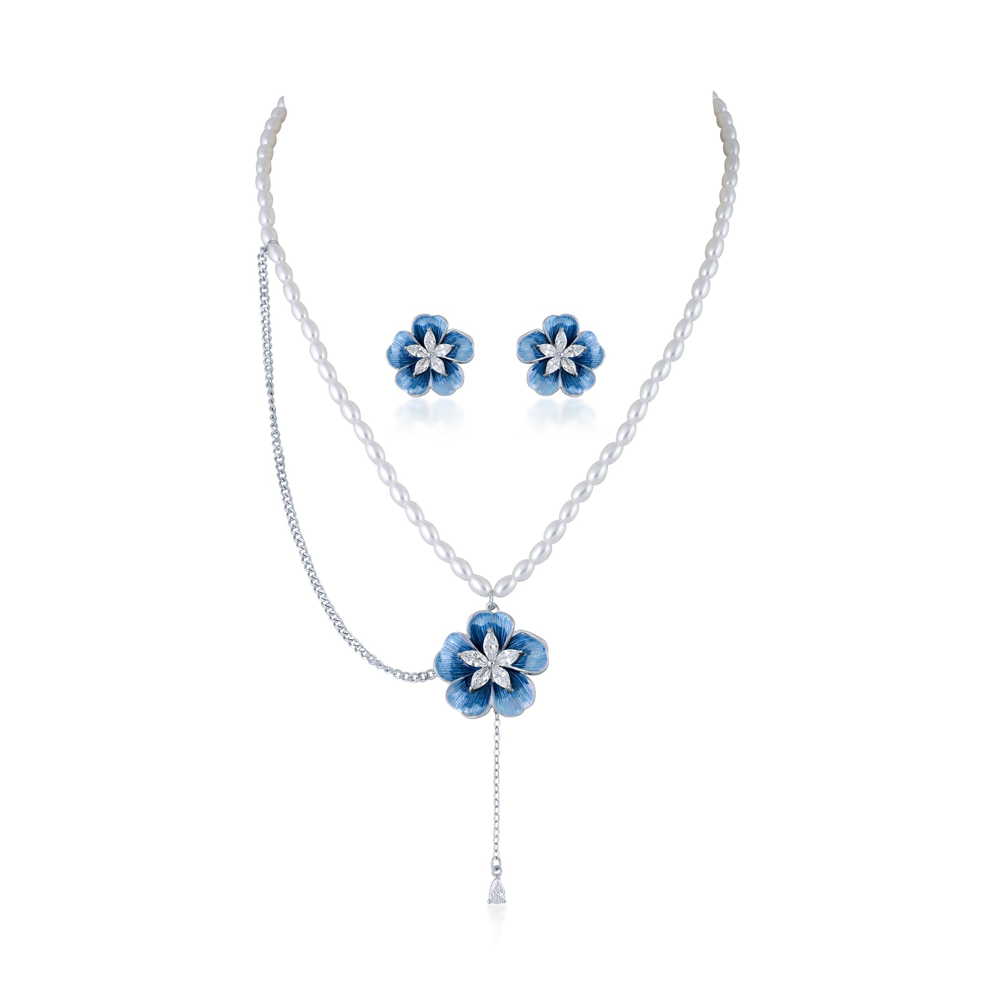 Jewelry set with Blue floral necklace with pearl and silver chain and earrings